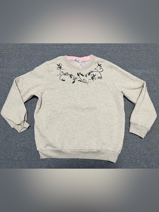 Hasting & Smith Tops - Embroidered Crewneck Sweatshirt in Beige with Pink Trim Women’s M